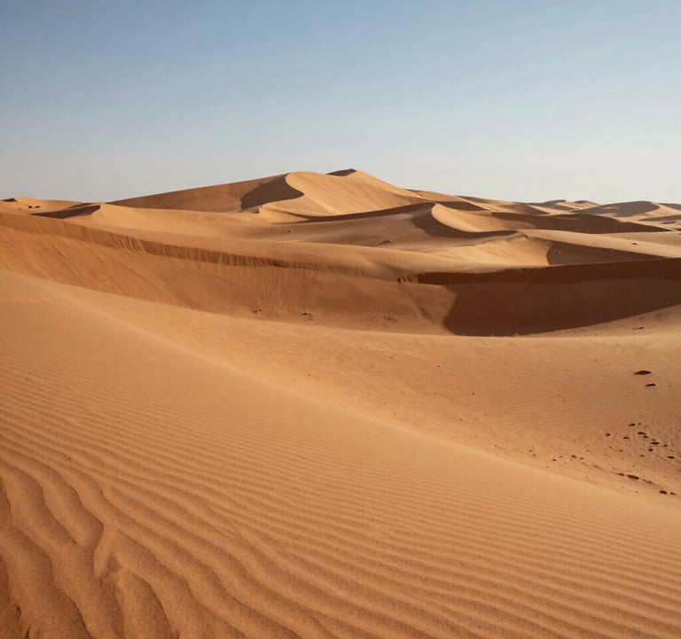 A vibrant landscape photograph of the Sahara desert under a clear sky. The sand dunes are a deep Warm Sand color, with long shadows in Espresso Brown. The composition is minimal and adventurous.