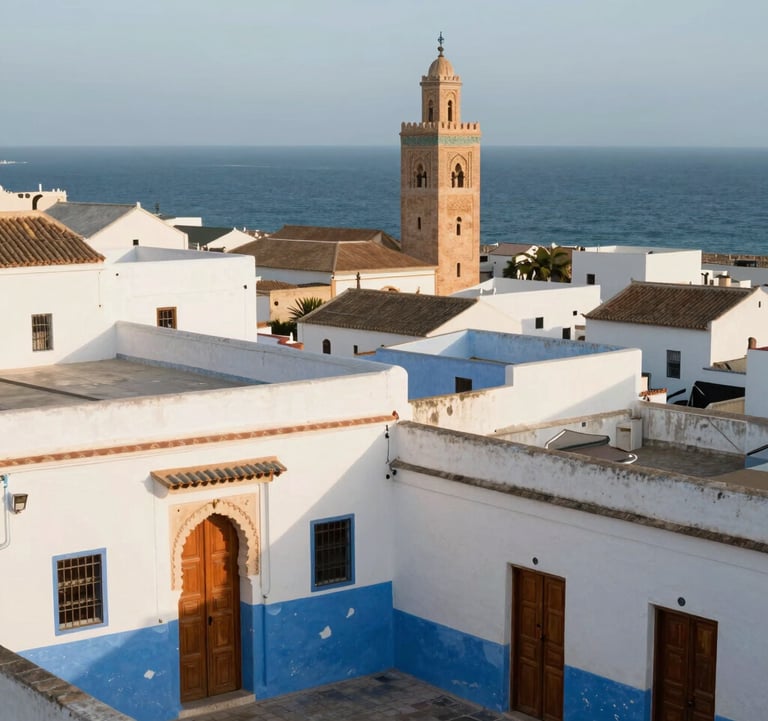 A view of the Tangier medina with its white and blue-tinted walls overlooking the Mediterranean, captured in soft morning light with warm terracotta accents on the wooden doors.
