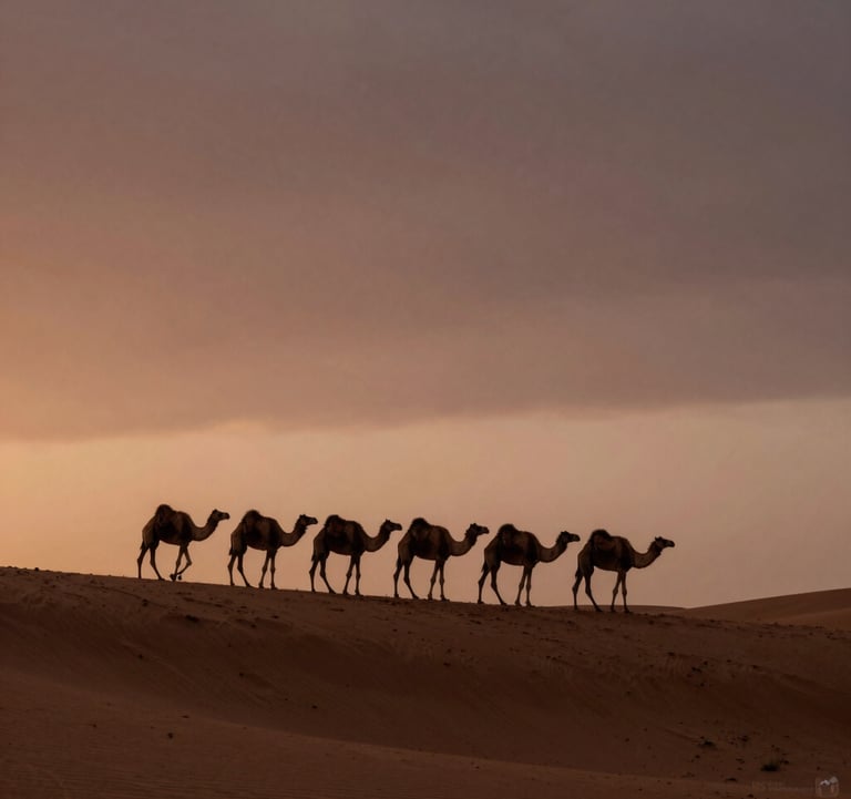 A camel caravan silhouette walking across soft sand dunes at dusk, with a sky fading from warm terracotta to deep espresso.