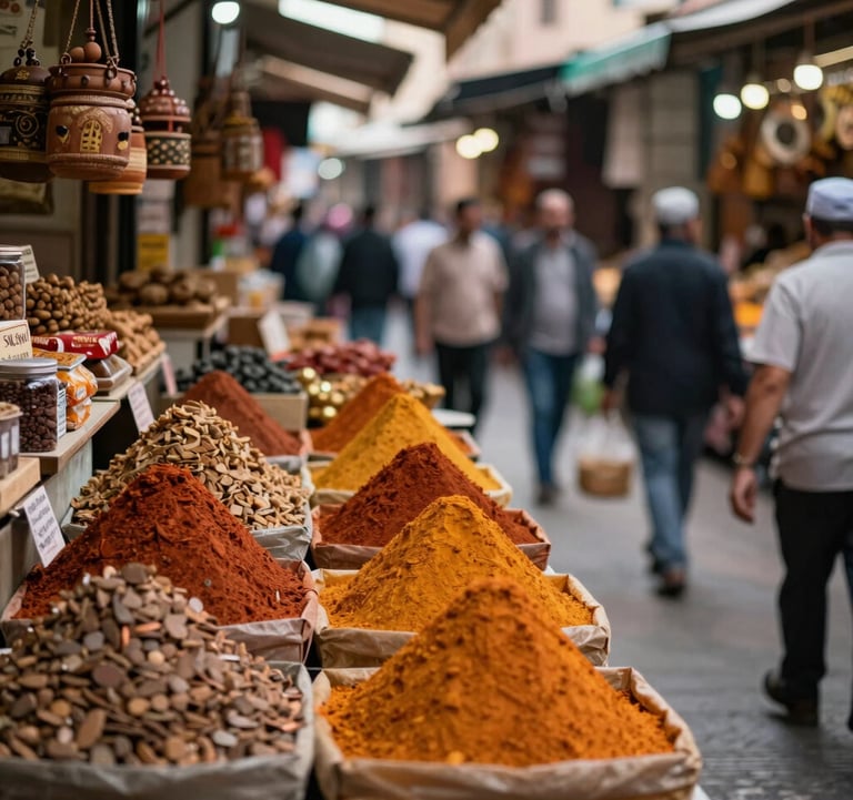 A bustling market scene in Tanger, captured with a shallow depth of field. Stalls are filled with spices in shades of terracotta brown and orange. The atmosphere is lively and rich in cultural detail.
