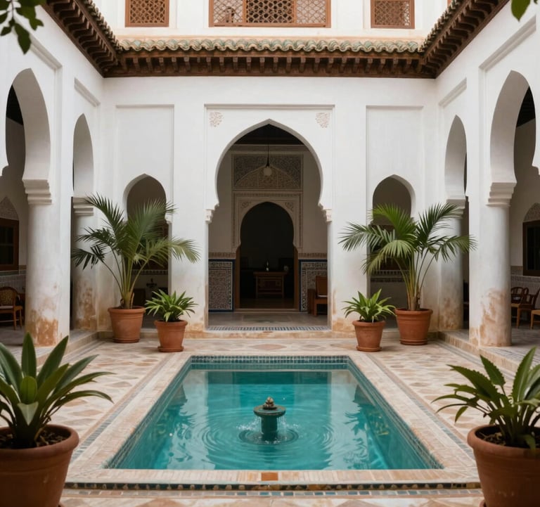 A serene traditional Riad courtyard with a central pool, pearly off-white walls, and lush green plants in warm terracotta pots.