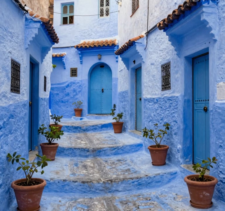A vibrant photo of the blue streets of Chefchaouen, showing the soft blue walls and terracotta brown potted plants. The light is bright and inviting, showcasing the clean and peaceful atmosphere.