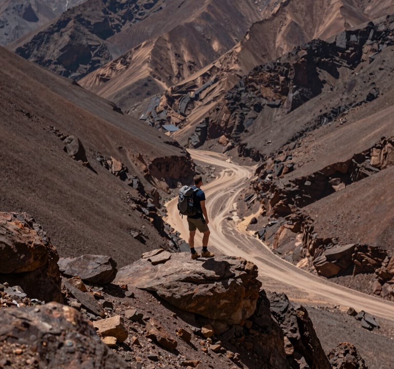 A hiker standing on a ridge in the Atlas Mountains, looking out over a valley with deep espresso colored rocks and soft sand paths.