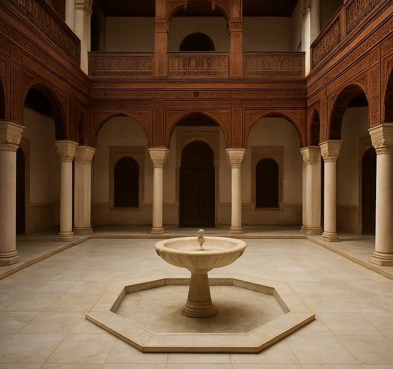 An interior shot of a traditional Marrakech riad, featuring an elegant off-white marble courtyard, a central fountain, and deep earthy brown carved cedar wood details.