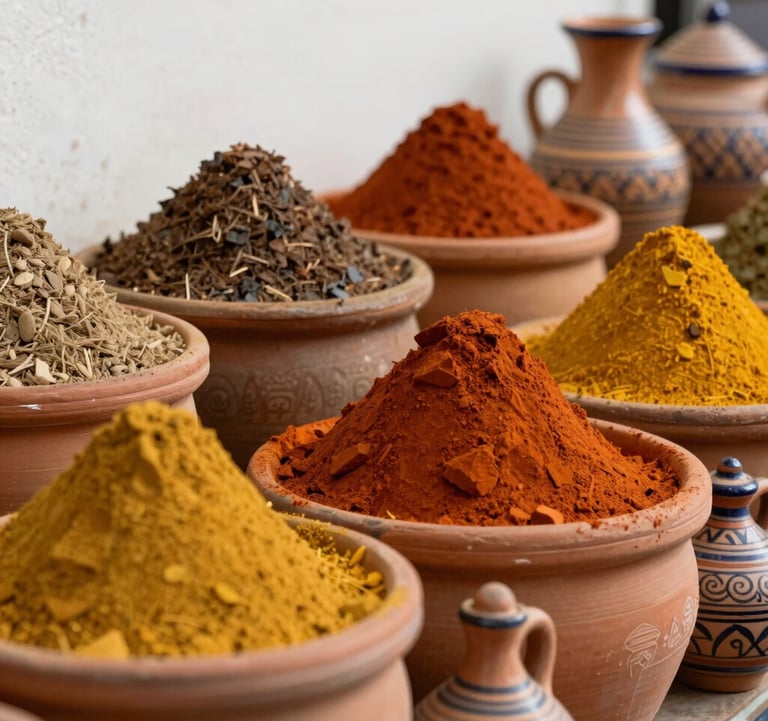 A close-up shot of Moroccan spices and handcrafted ceramics in a market. The Muted Terracotta pots are filled with colorful powders, set against an Almond White background, captured with soft natural light.