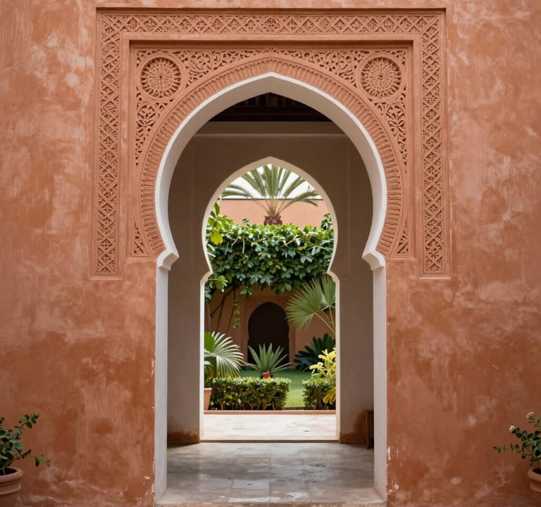 A vertical photo of a luxury Riad interior in Marrakech. Focus on a Muted Terracotta wall with intricate plasterwork and an Almond White archway leading to a lush garden.