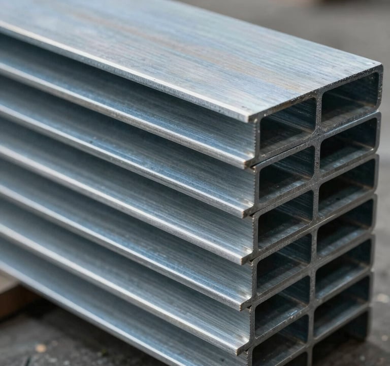 Close-up photography of precision-cut custom sheet metal components stacked in a North American / US industrial workshop. The steel blue and light grey surfaces catch the overhead workshop light, showcasing clean edges and professional metalworking craftsmanship.
