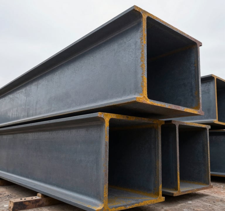 Low-angle perspective of massive structural steel I-beams positioned in an industrial yard. The dark grey metallic texture is prominent, emphasizing the strength and scale of the materials produced for North American construction.