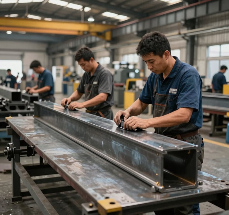 Interior of a large-scale metal fabrication plant in the US showing expert craftsmen assembling custom steel components. The atmosphere is professional and orderly, featuring a palette of dark grey, slate blue, and industrial gold.