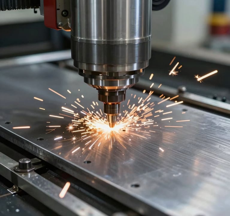 Close-up photography of a high-tech CNC machine cutting through a thick alloy steel plate. Bright sparks fly across the dark metallic surface in a precise North American / US factory setting. The lighting is sharp and technical, emphasizing the engineering excellence and high-strength materials.