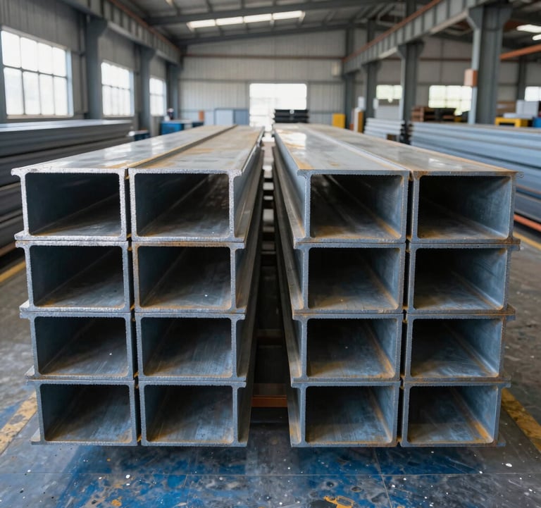 A symmetrical, clean shot of massive structural steel I-beams stacked neatly in a modern industrial warehouse in the North American / US region. Morning light filters through high windows, illuminating the silver-gray metal and slate-blue floor, conveying strength and heavy industrial scale.