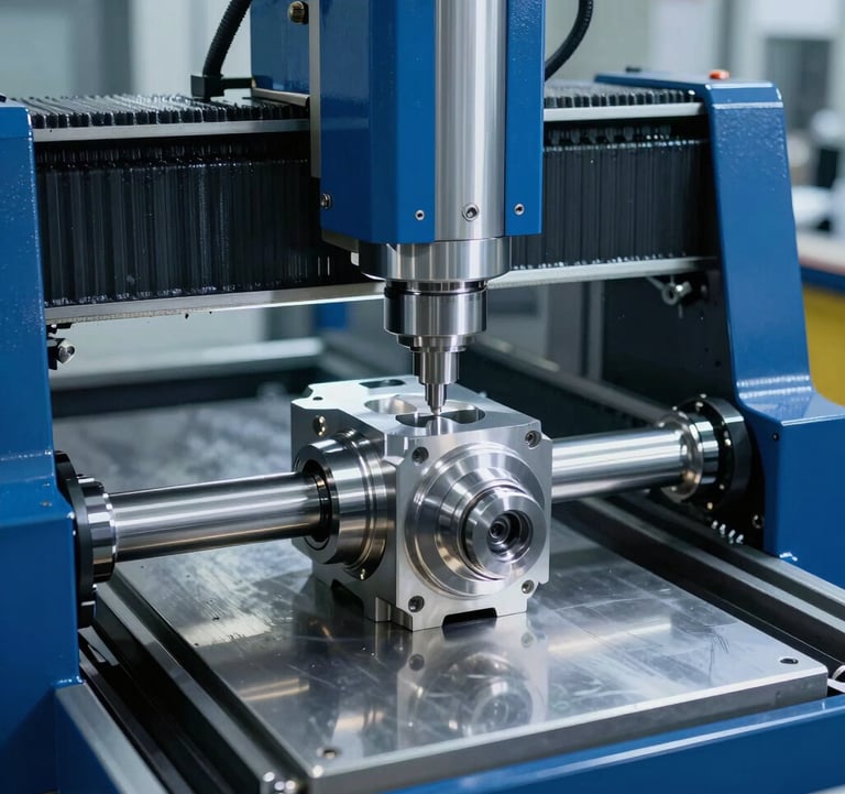A high-tech CNC machining station in operation within a North American / US plant. Steel blue and metallic silver surfaces are illuminated by cool white lights, showing a high-precision metal alloy component being finished with extreme accuracy.