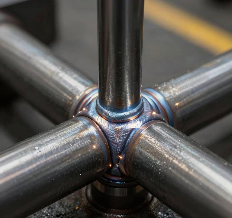 A high-detail macro shot of a clean, industrial weld on a heavy metal joint. The craftsmanship is evident, with sparks kept minimal, showing a professional North American manufacturing finish.
