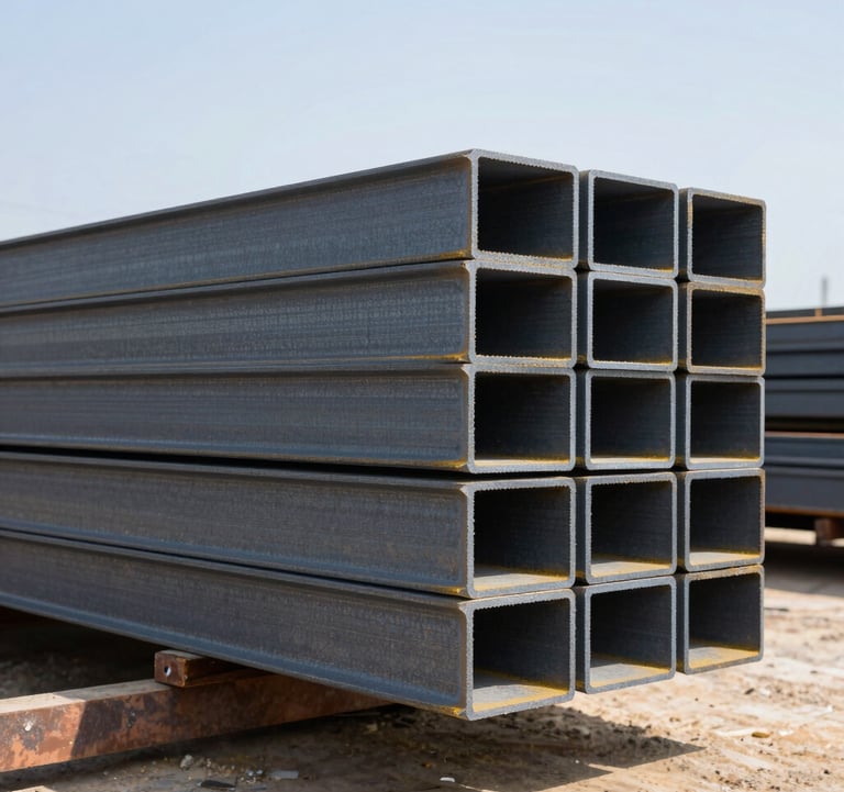 A stack of high-strength structural steel I-beams ready for an infrastructure project, photographed at an outdoor yard in the US. The steel shows a dark grey professional finish under clear, bright daylight.