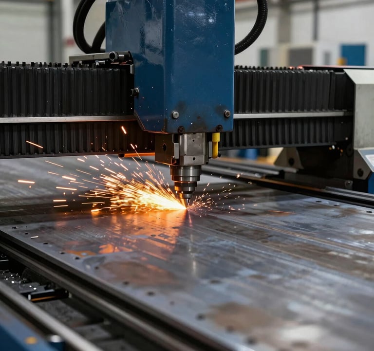 An action photograph of a precision CNC laser cutting through heavy plate steel in an American factory. Bright orange sparks contrast with the dark charcoal and navy industrial machinery.