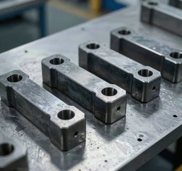 Industrial photography of high-performance alloy components organized on a steel workbench. Sharp focus, professional lighting, reflecting a mood of strength and engineering precision using a palette of dark slate and light grey.