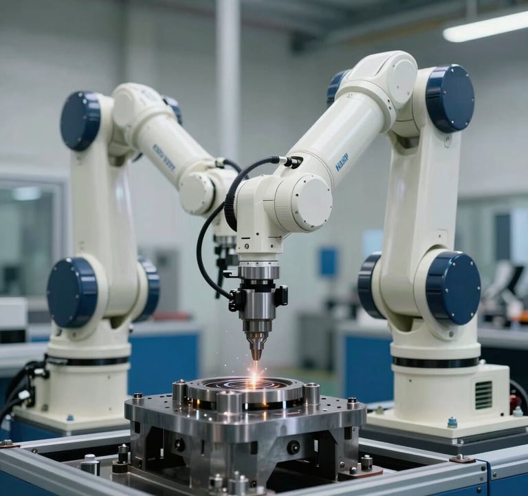 Photography of a high-tech robotic arm performing automated fabrication on a steel component in a modern factory setting. The clean, off-white and steel blue environment highlights Vanguard's commitment to innovation and modern engineering.