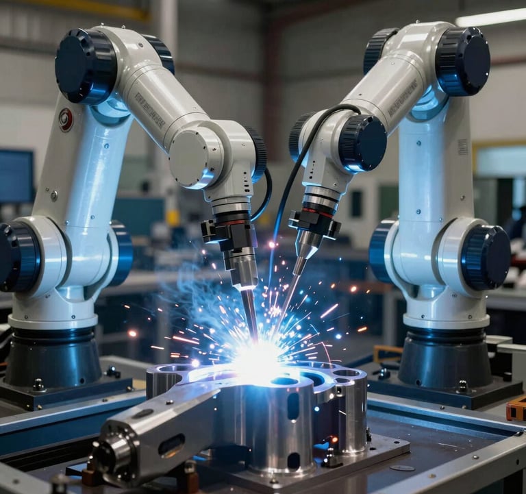 Professional photography of an automated robotic arm performing a complex weld on an alloy component in a North American / US manufacturing plant. The scene features a brilliant blue-white welding arc and metallic reflections on dark gray surfaces, showcasing cutting-edge technology and precision.