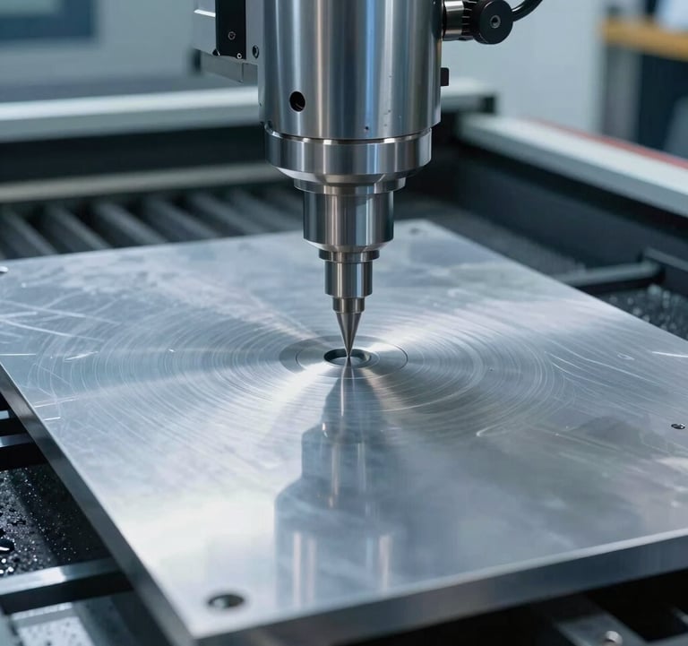 Detailed photography of a modern CNC machine precision-cutting a heavy alloy plate in a North American workshop. The lighting is crisp slate blue with bright white highlights on the metallic surfaces, conveying engineering accuracy.