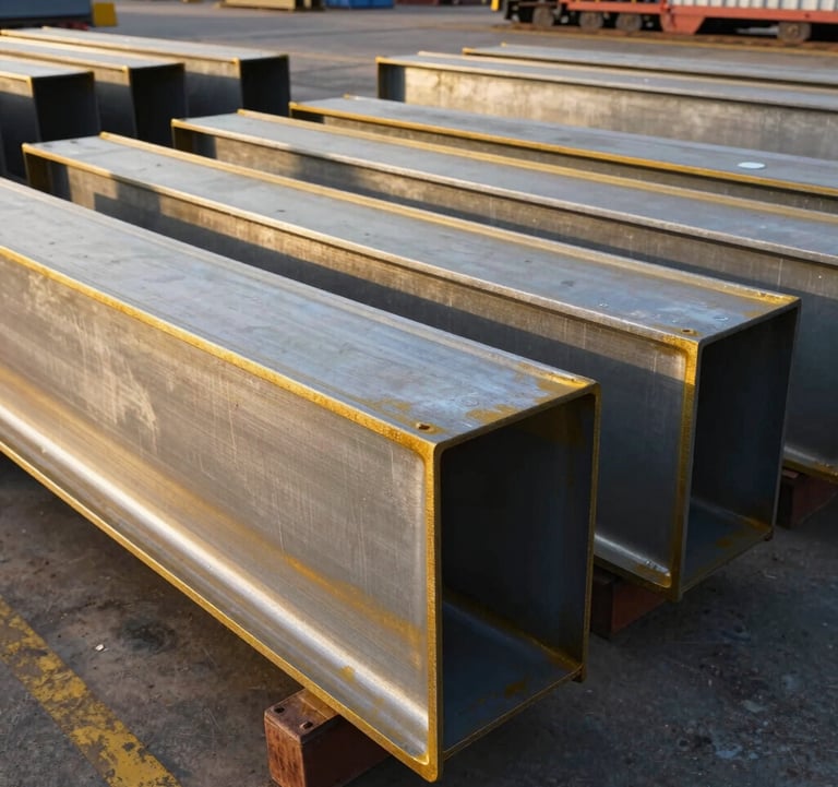 Finished structural steel alloy components organized on a shipping dock at an American industrial plant, ready for transport. The morning sun highlights the clean gold and silver metallic surfaces.