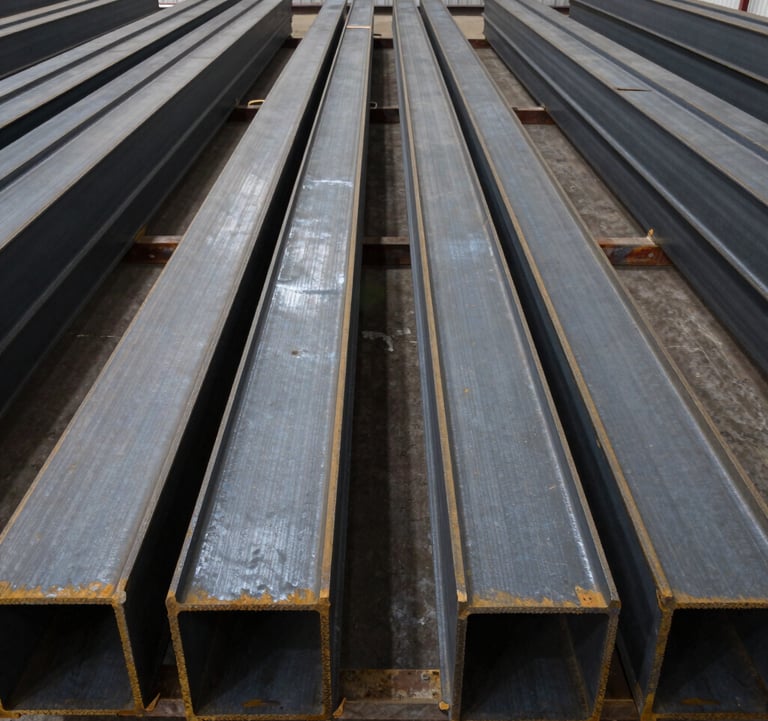 Wide shot of rows of structural steel beams ready for shipment in a large North American / US warehouse. The symmetry and scale of the dark slate steel beams convey leadership and massive production capacity.