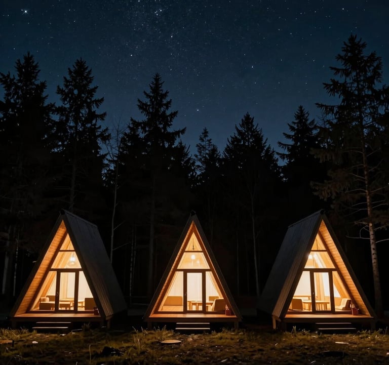 Night shot of three A-frame chalets in a row, glowing like lanterns in a dark charcoal forest under a starry sky, highlighting the architectural silhouette.