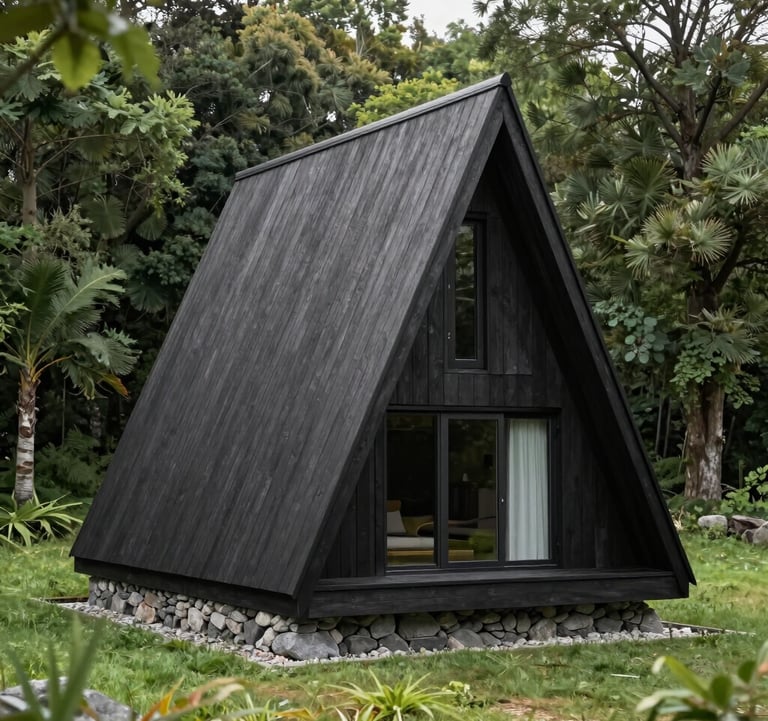 A minimalist mini A-frame chalet made of dark charcoal wood and stone grey accents, perfectly integrated into a green forest clearing. Modern architectural photography.