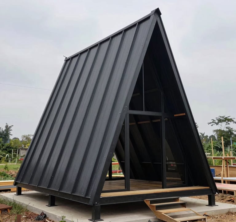 A luxury A-frame chalet nestled deep in a forest of tall trees. The structure features dark wood and charcoal black metallic finishes, creating a harmonious blend with the natural environment.