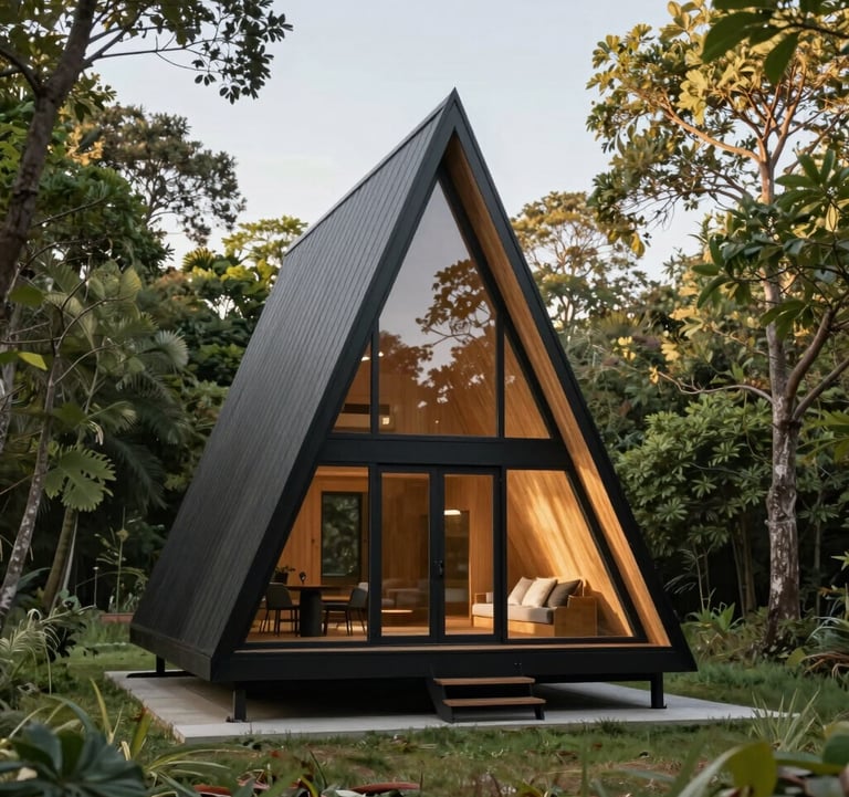 Close-up of a modern A-frame chalet facade made of natural wood and dark grey steel. The evening light highlights the sharp geometric lines and the high-quality glass reflections of the forest.