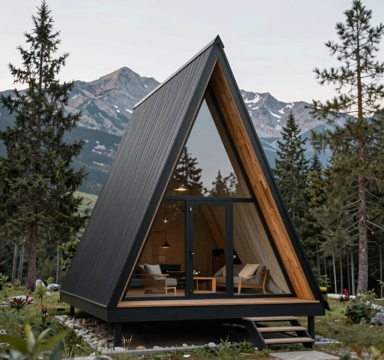 Luxury A-frame chalet interior looking through a massive glass window at a lush forest green landscape. The interior features minimalist stone grey furniture and soft cream lighting, embodying modern tranquility.