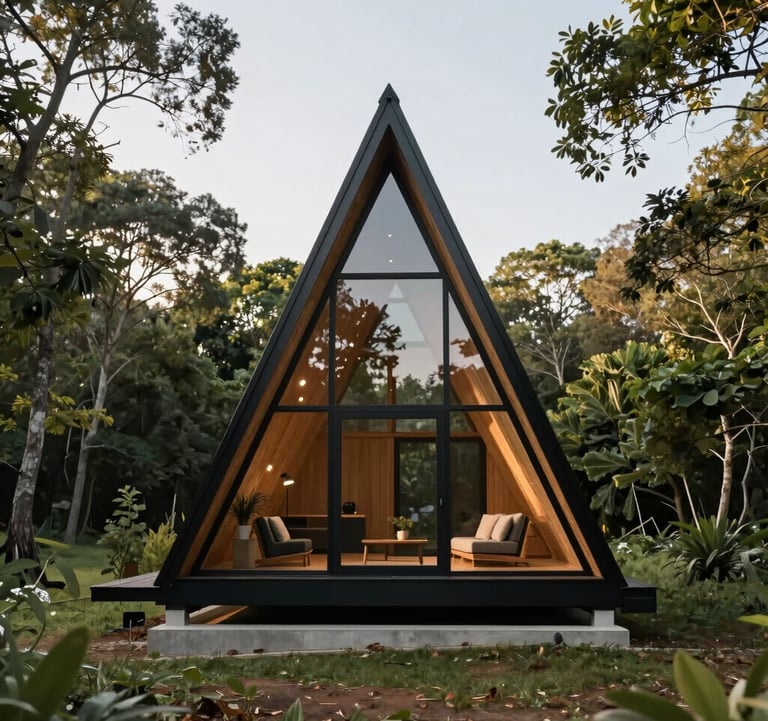 Interior view of a luxury chalet lounge. Minimalist furniture in charcoal black and stone grey. A large glass wall shows a view of a misty forest. The style is premium and tranquil.