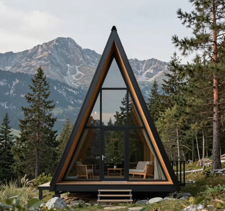 Close-up architectural shot of a large premium A-frame chalet being finished, showing dark charcoal metal structures and rich natural wood textures against a soft cream sky. High-end design detail.