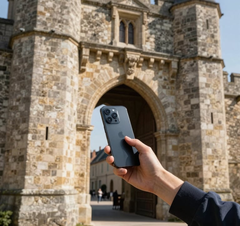 A person pointing a high-end smartphone towards a historic medieval stone gate in France. The lighting is crisp afternoon sun, highlighting the contrast between the ancient stone and modern technology. European / French setting.
