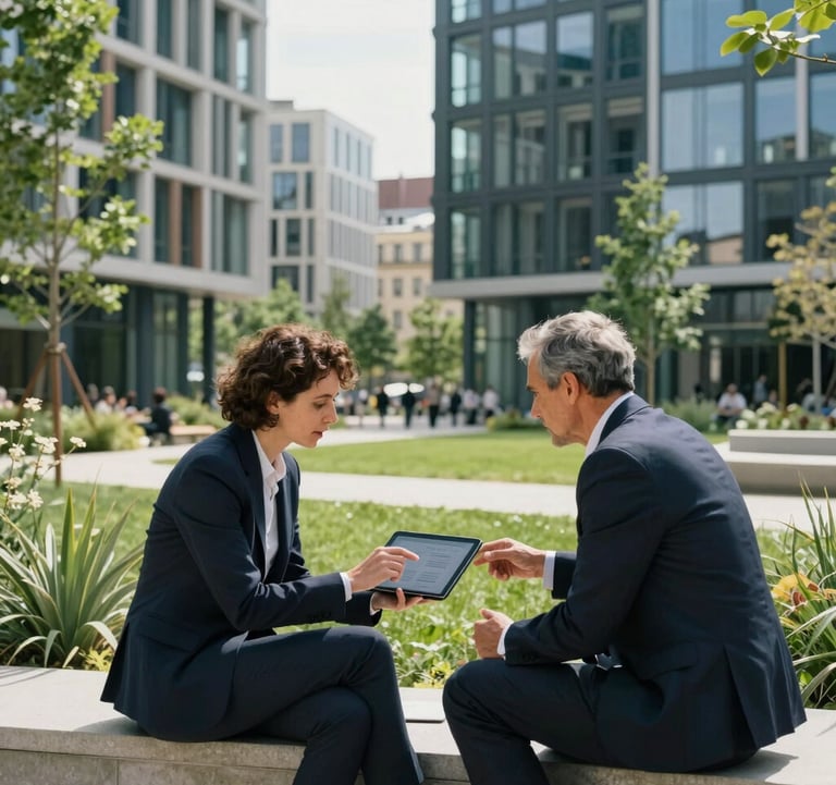 A professional meeting taking place outdoors in a modern European / French urban park. Two colleagues are discussing a digital project on a tablet. The background features sustainable modern architecture and lush greenery in sage and charcoal blue hues.