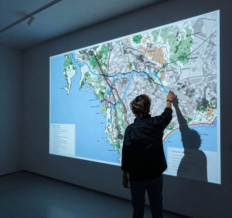 An immersive display in a contemporary European / French gallery. A visitor interacts with a digital screen that projects territorial heritage data. The lighting is sophisticated, with sky blue and charcoal blue accents creating a trustworthy atmosphere.
