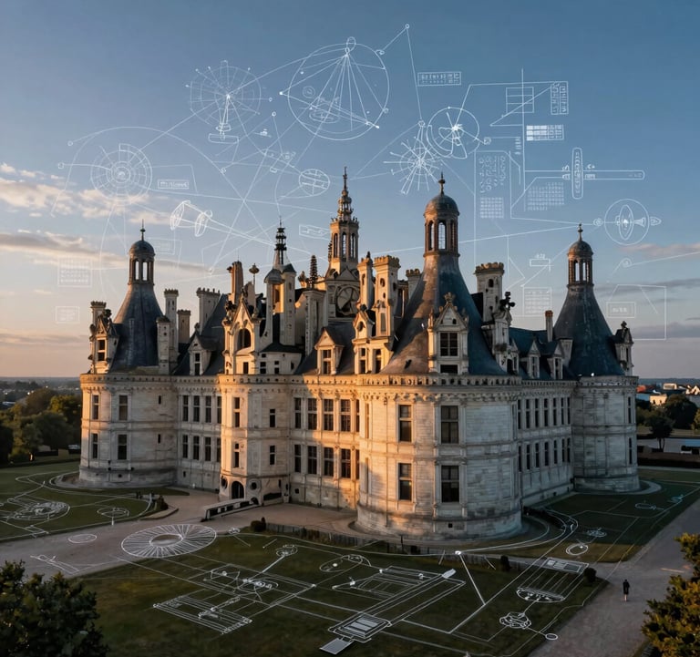 An artistic aerial view of a French castle surrounded by digital geometric patterns representing mapping and engineering, sunrise lighting with soft sky blue and midnight blue tones.
