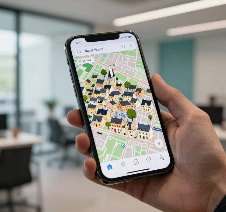 A close-up photograph of a smartphone screen displaying a stylized interactive map of a French village. The phone is held by a professional in a modern European / French office space, featuring clean lines and Muted Teal accents.