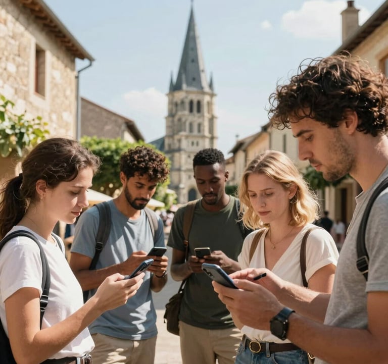 A lifestyle shot of a diverse group of tourists in a European / French village looking at a historic monument while using the GAYA app on their phones, bright and inspiring atmosphere.