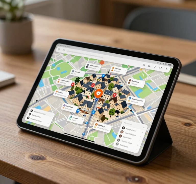 Photography of a modern tablet displaying a map of a French village with interactive points of interest, placed on a wooden table in a professional European / French workspace.