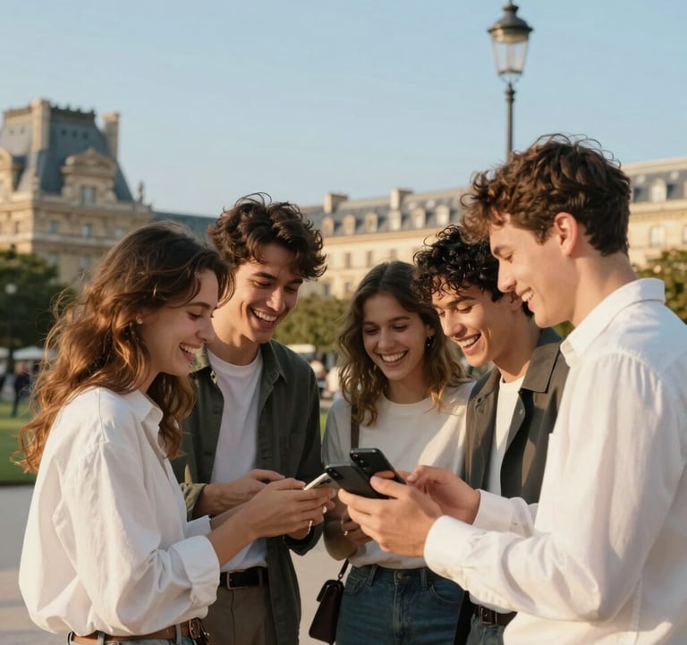 A group of young adults in a French park laughing while interacting with a smartphone. The scene is captured at golden hour, with warm lighting and a background of European / French architecture. Colors include Soft Sky Blue and Clean Off-White.