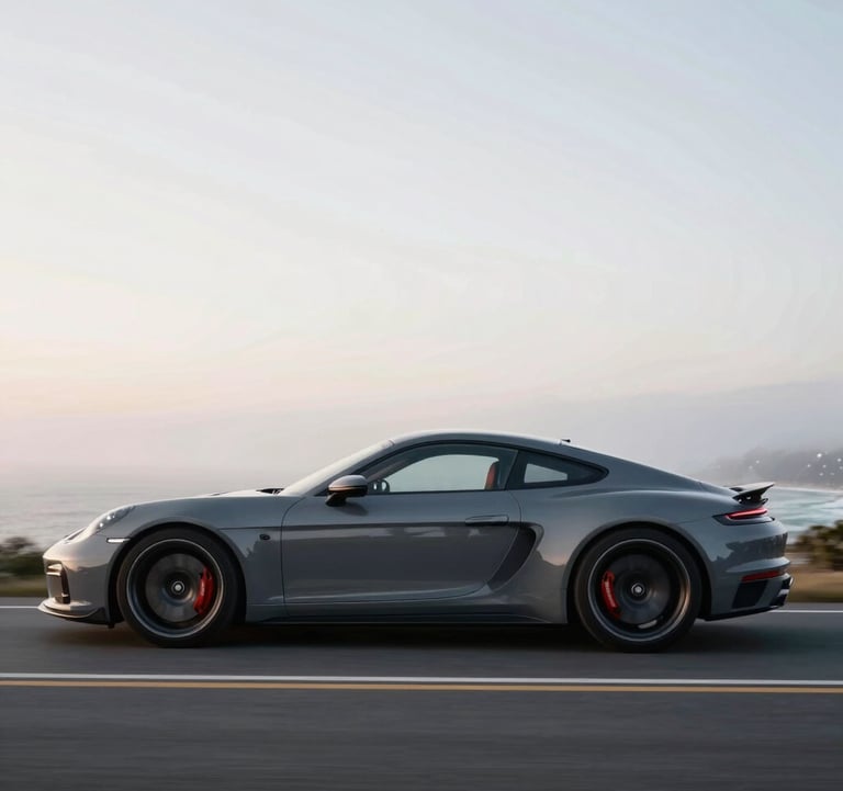 Side profile of a luxury performance vehicle accelerating on a coastal road at twilight. Motion blur creates a sense of high speed against a mist white sky.