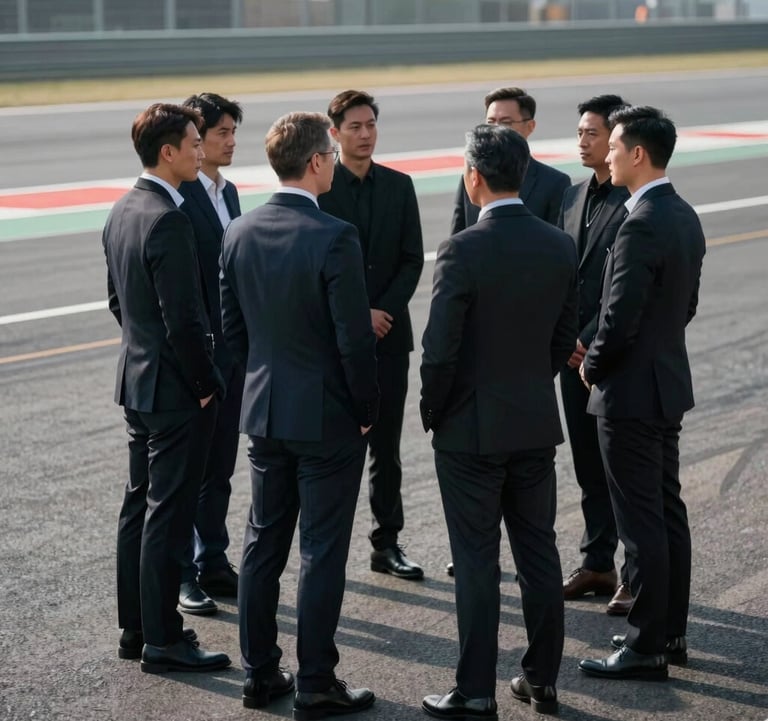 A group of elite professionals in dark modern attire standing together in a circle on a racetrack, illuminated by cold pristine cool grey morning light.