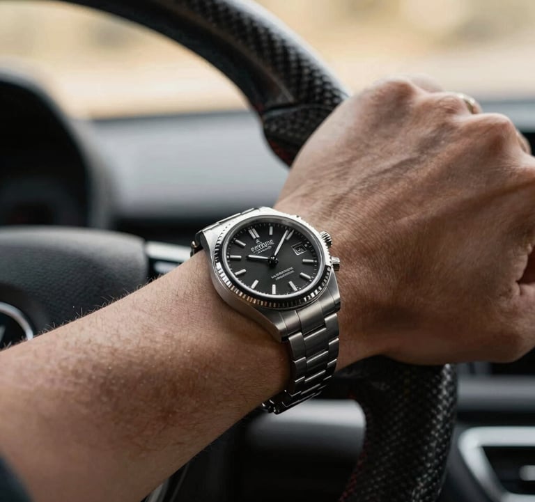 A close-up shot of a luxury watch on a driver's wrist holding a carbon fiber steering wheel, with soft champagne gold bokeh in the background.