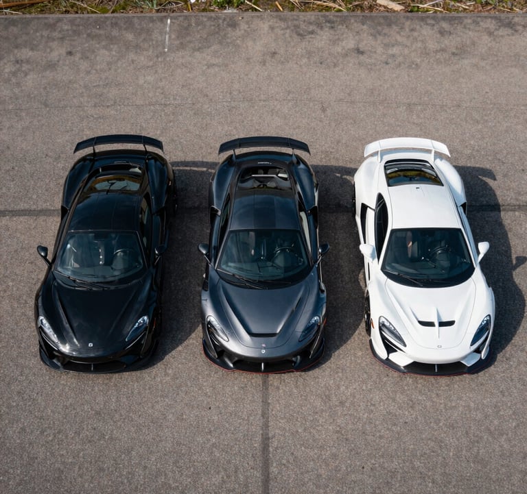 An aerial view of three high-performance sports cars in obsidian black, deep slate charcoal, and pristine cool grey parked in perfect alignment on a private tarmac.
