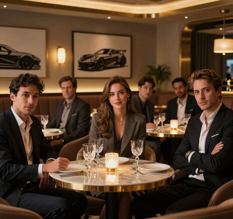 A group of confident, well-dressed entrepreneurs in a dimly lit, exclusive private club. Muted gold ambient lighting illuminates crystal glassware and the silhouettes of high-end automotive art in the background.