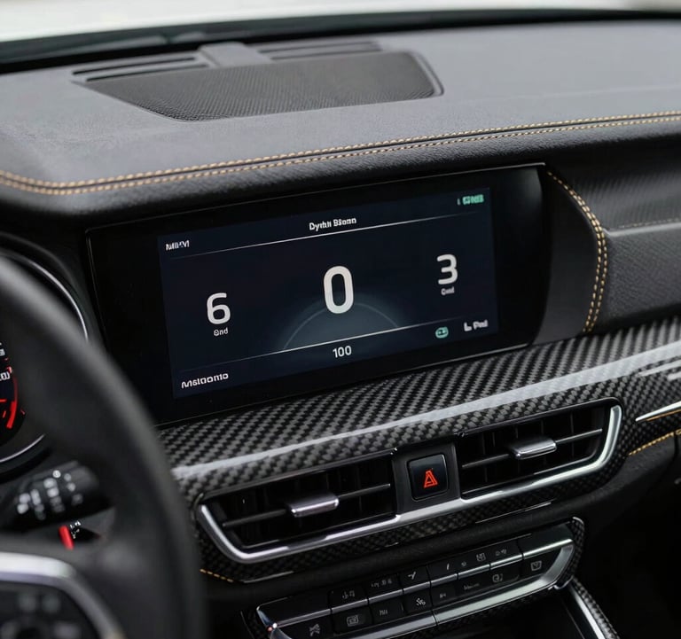 Detailed shot of a carbon fiber dashboard with burnished champagne gold stitching and a minimalist digital display showing performance metrics.