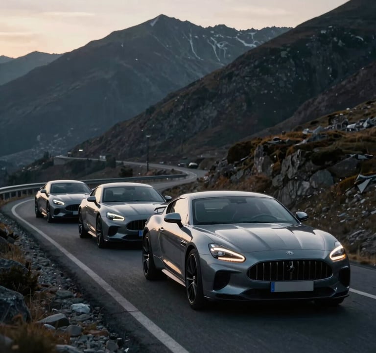 A line of luxury GT cars driving through a high-altitude winding mountain pass at dawn. The lighting is cool deep slate grey with muted gold reflections on the windshields.