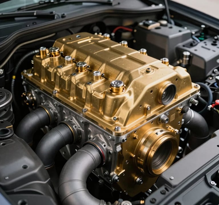 Abstract, minimalist shot of a high-performance engine bay. Focus on burnished gold metal components and anthracite grey pipes, conveying precision engineering.
