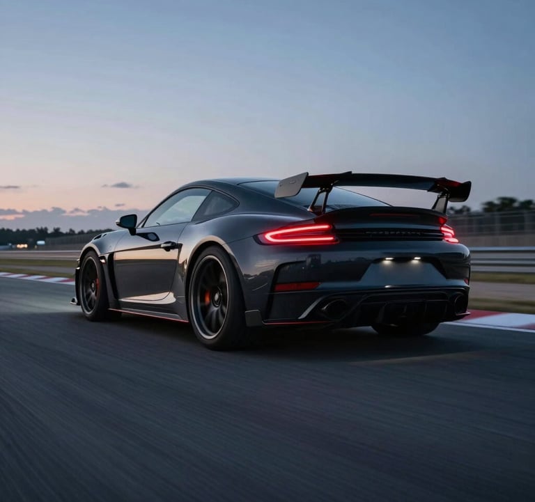A high-performance vehicle blurred in motion on a professional race track at dusk. The glowing red taillights and charcoal black body contrast against the deep slate grey asphalt.