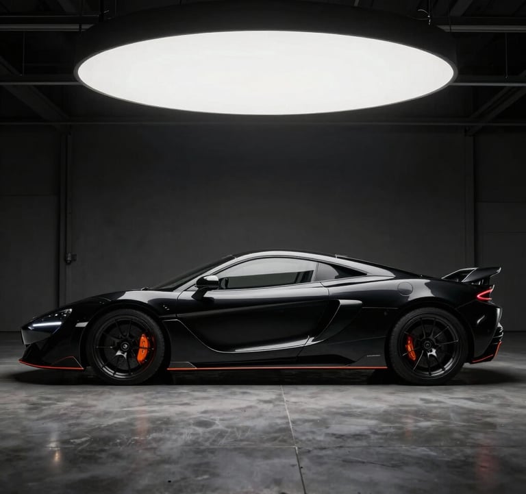 A sharp profile shot of a sleek obsidian black aerodynamic sports car parked under a single spotlight in a dark warehouse.